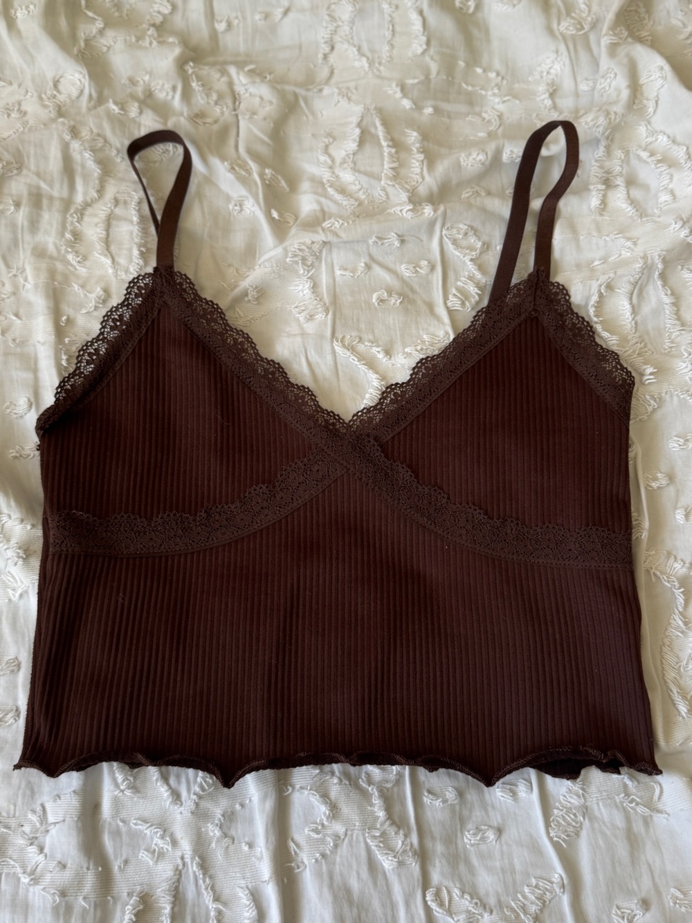 H&M Chocolate Brown Ribbed Lace Trim S Tank top